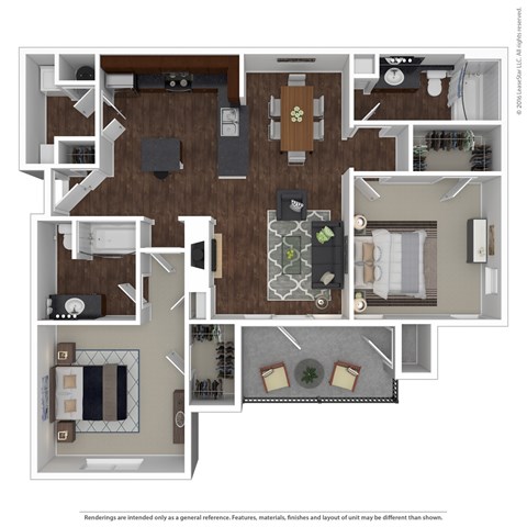 Floor plan for 2 beds, 2 baths, 1225 sqft